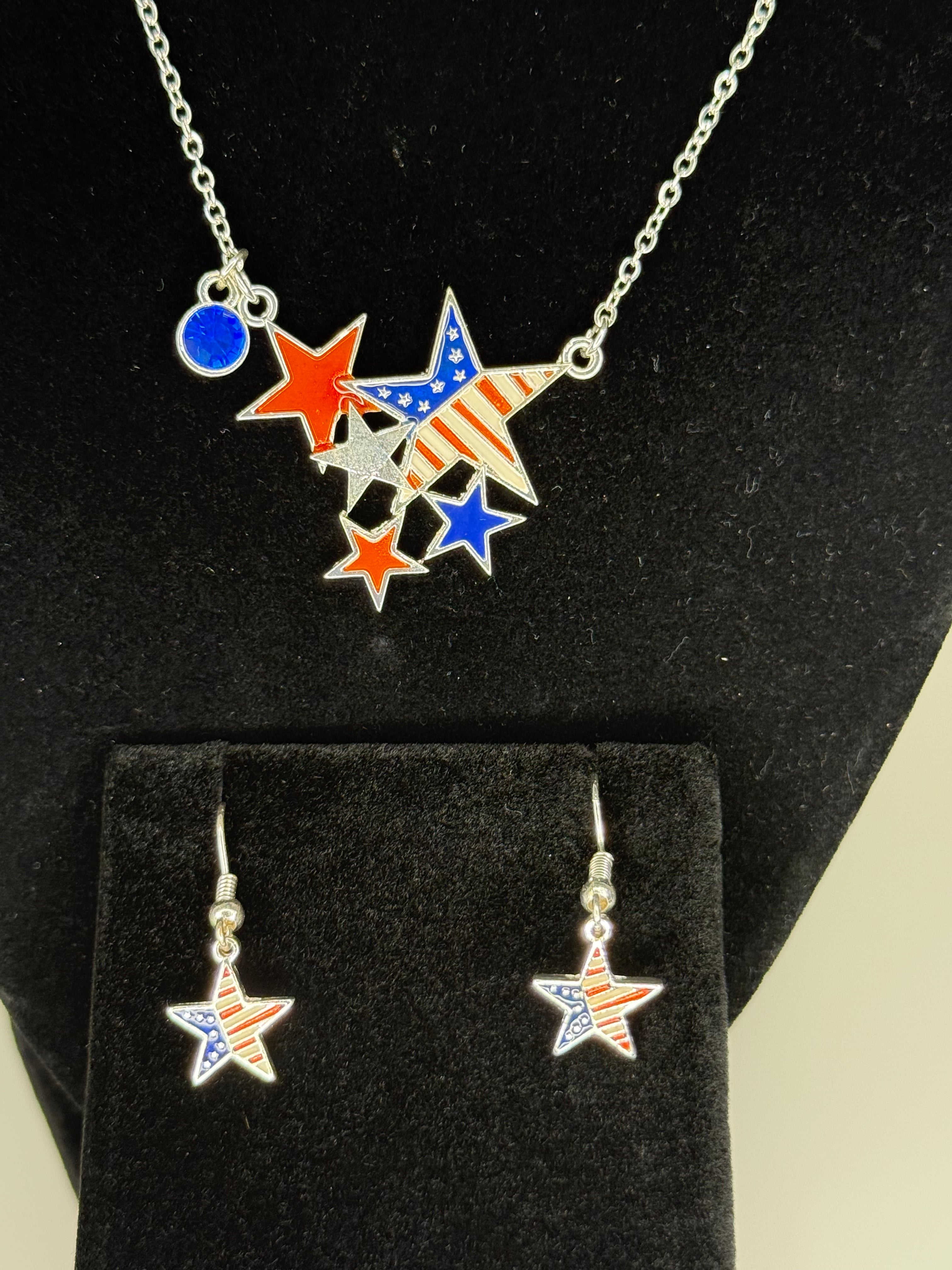 Patriotic Jewelry Set – Flag Necklace & Earrings (Adjustable 16"–18")
