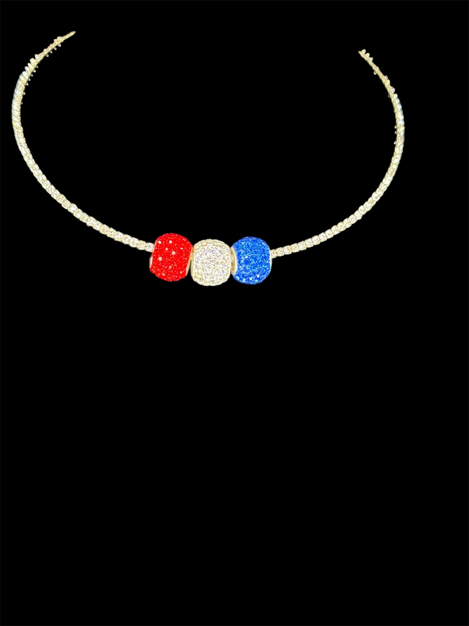 Patriotic Rhinestone Choker – [Bead Trio / Flag Curve Bar]