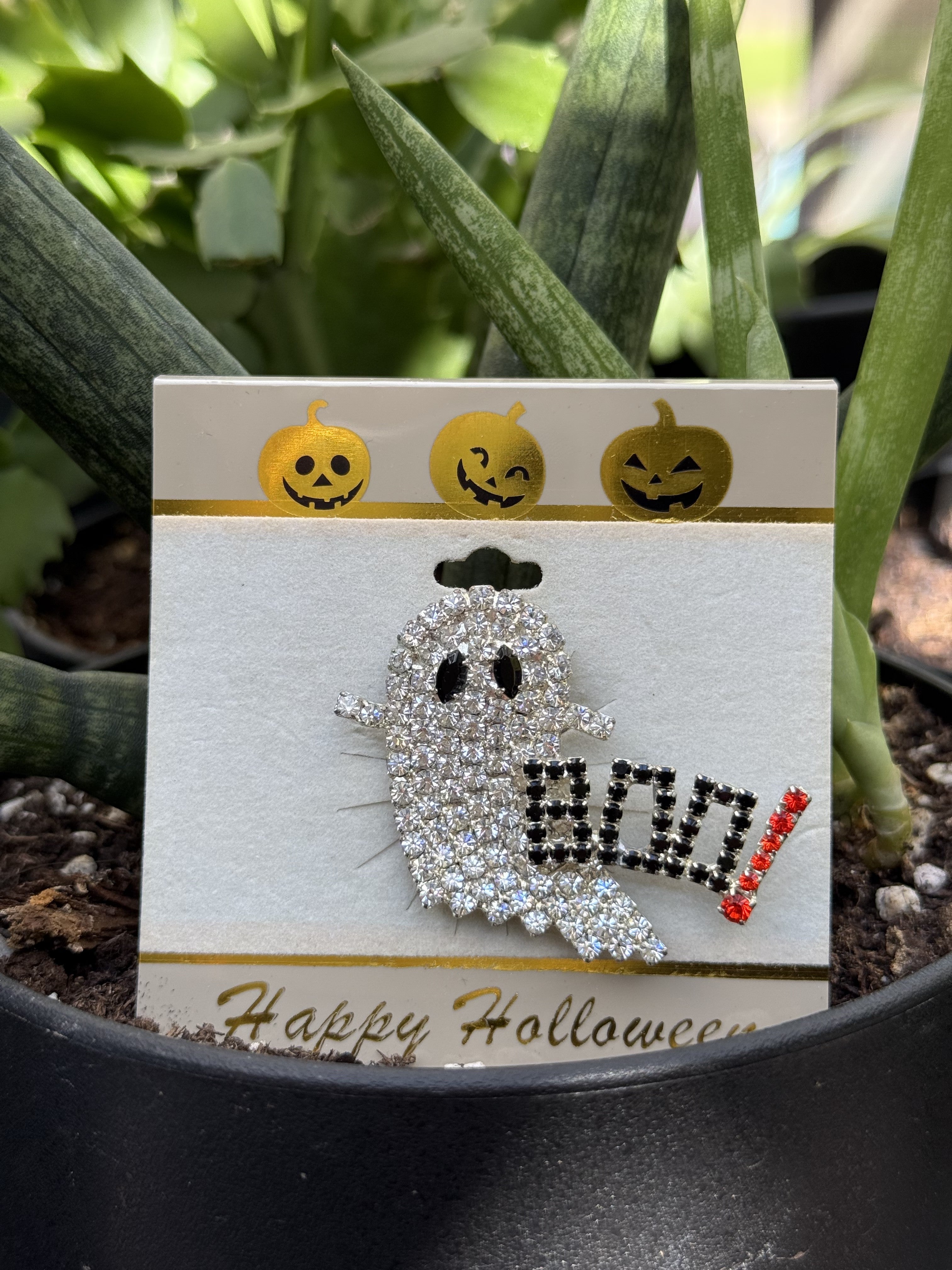 Sparkling Halloween Duo – Gold Ghost Necklace & Crystal “BOO!” Brooch