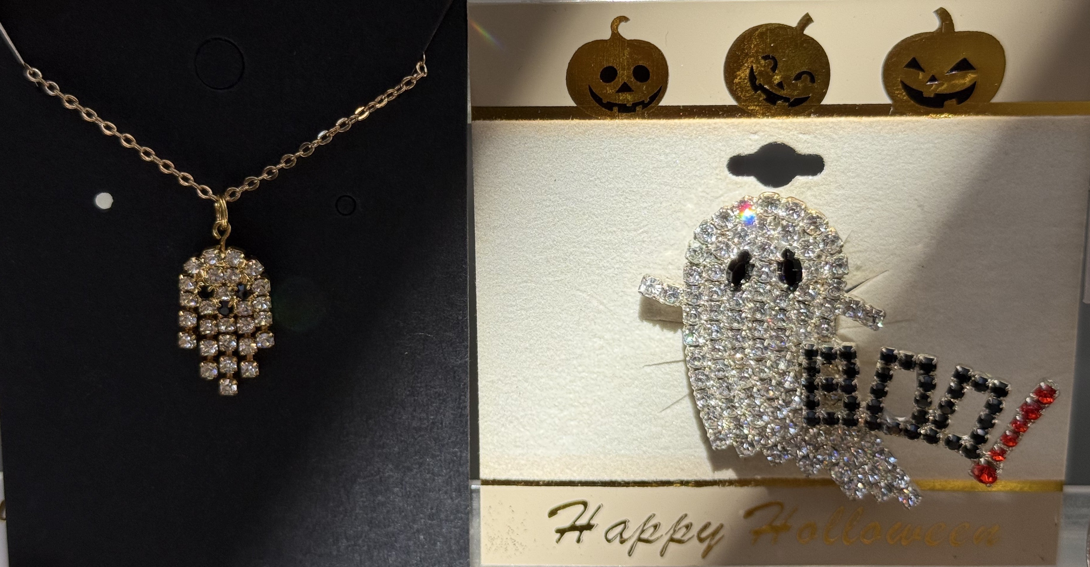 Sparkling Halloween Duo – Gold Ghost Necklace & Crystal “BOO!” Brooch
