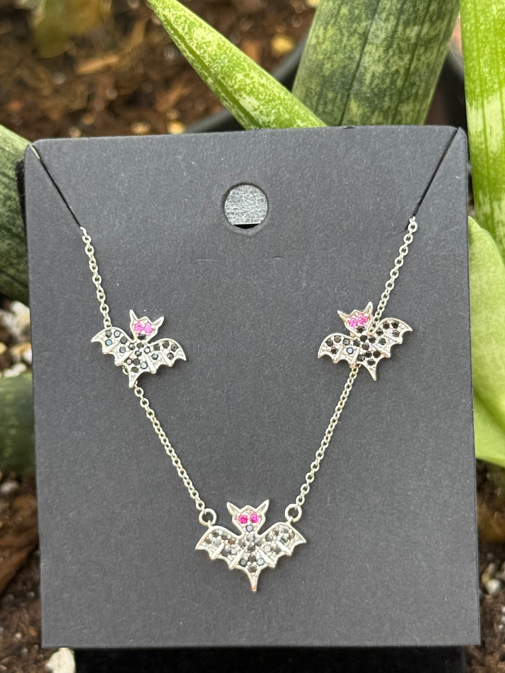 Silver Cubic Zirconia Bat Necklace & Earring Set – Pink Gem Eyes | Halloween Collection
