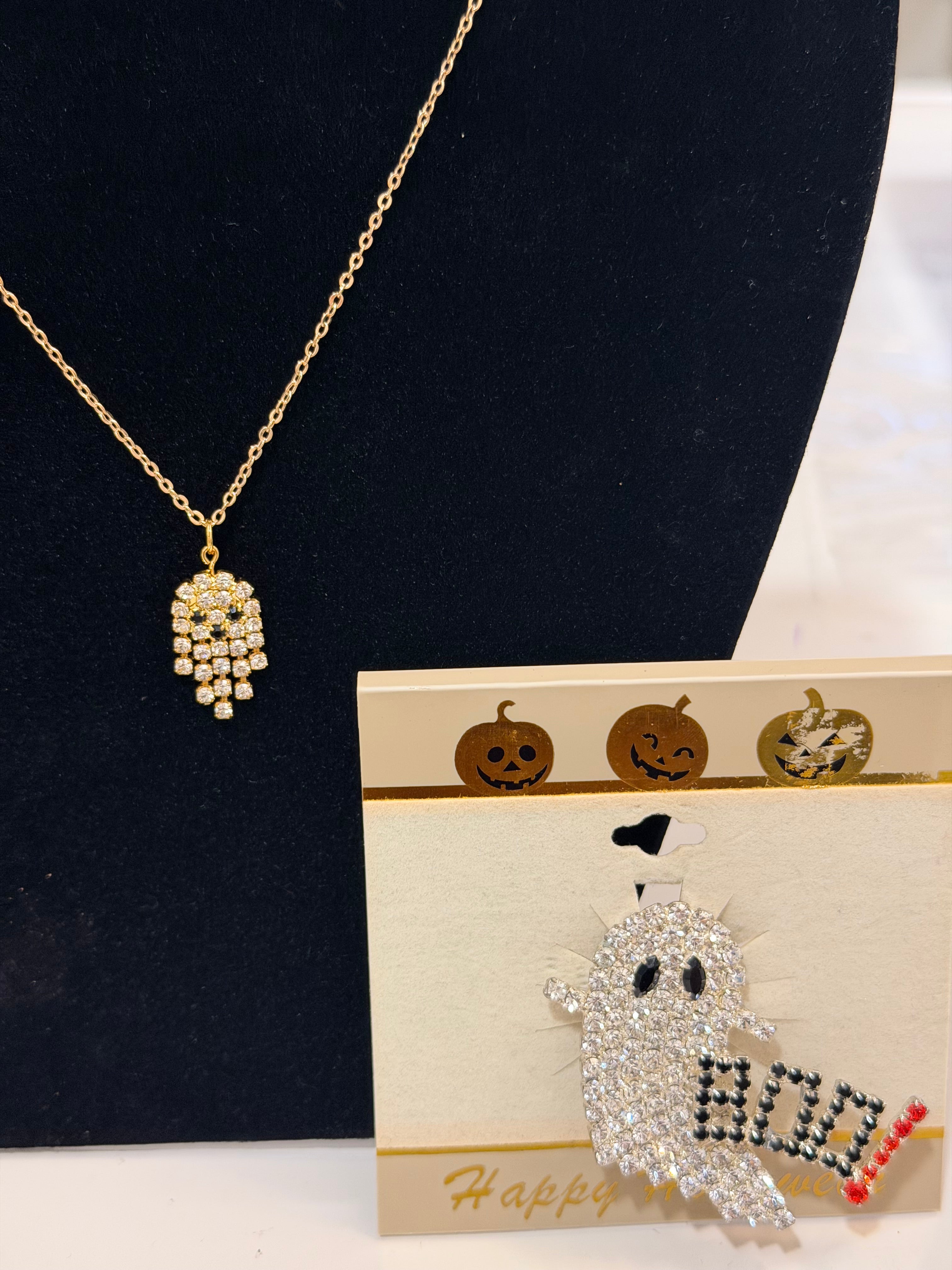 Sparkling Halloween Duo – Gold Ghost Necklace & Crystal “BOO!” Brooch