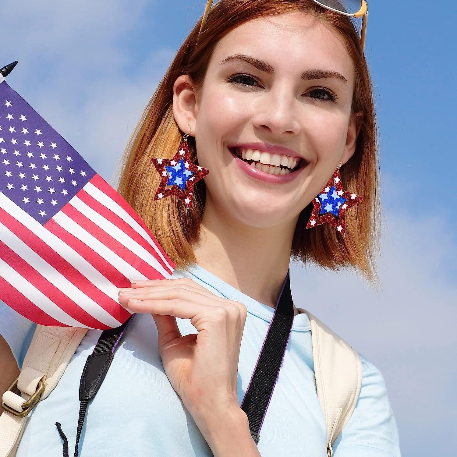 USA Star Flag Glitter Earrings – Patriotic Red, White & Blue Sparkle