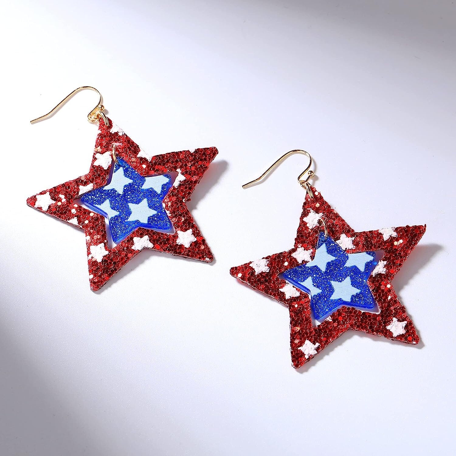 USA Star Flag Glitter Earrings – Patriotic Red, White & Blue Sparkle
