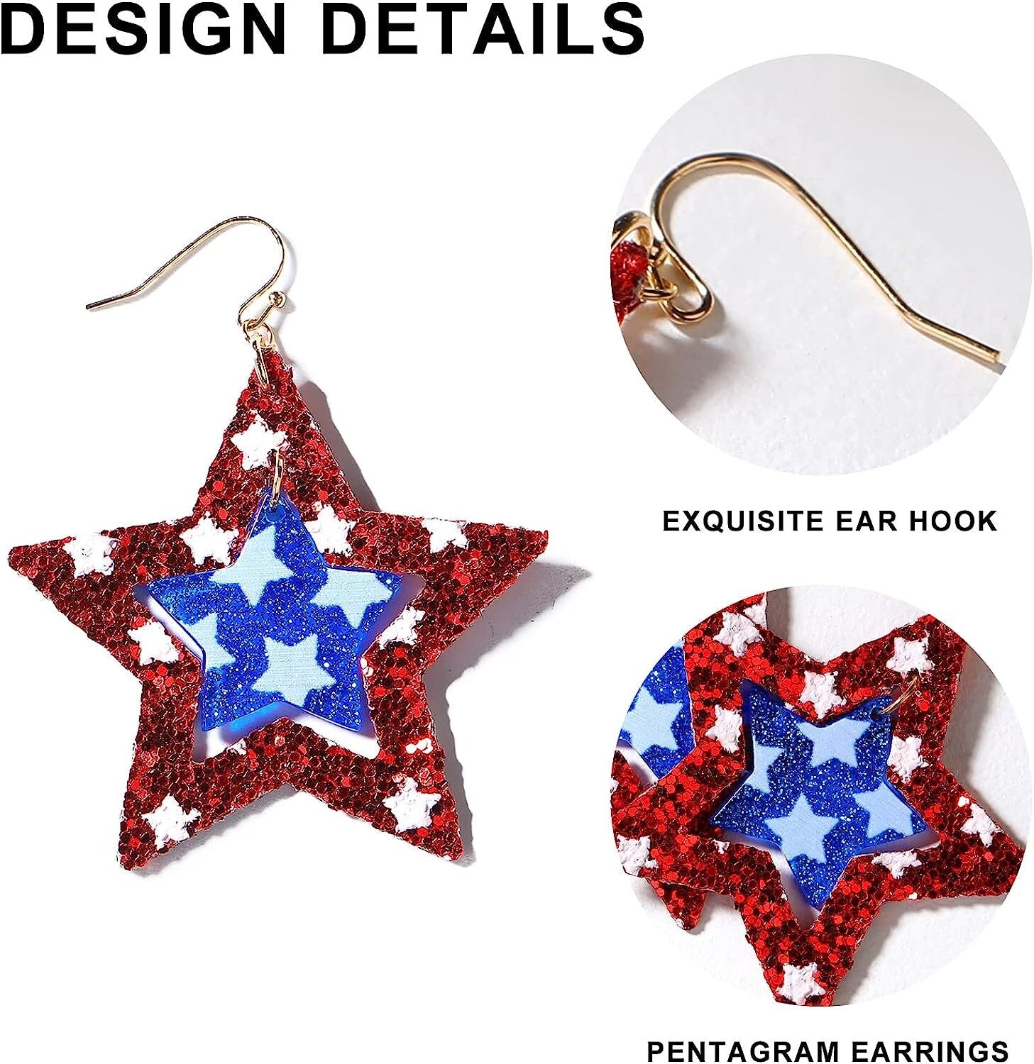 USA Star Flag Glitter Earrings – Patriotic Red, White & Blue Sparkle