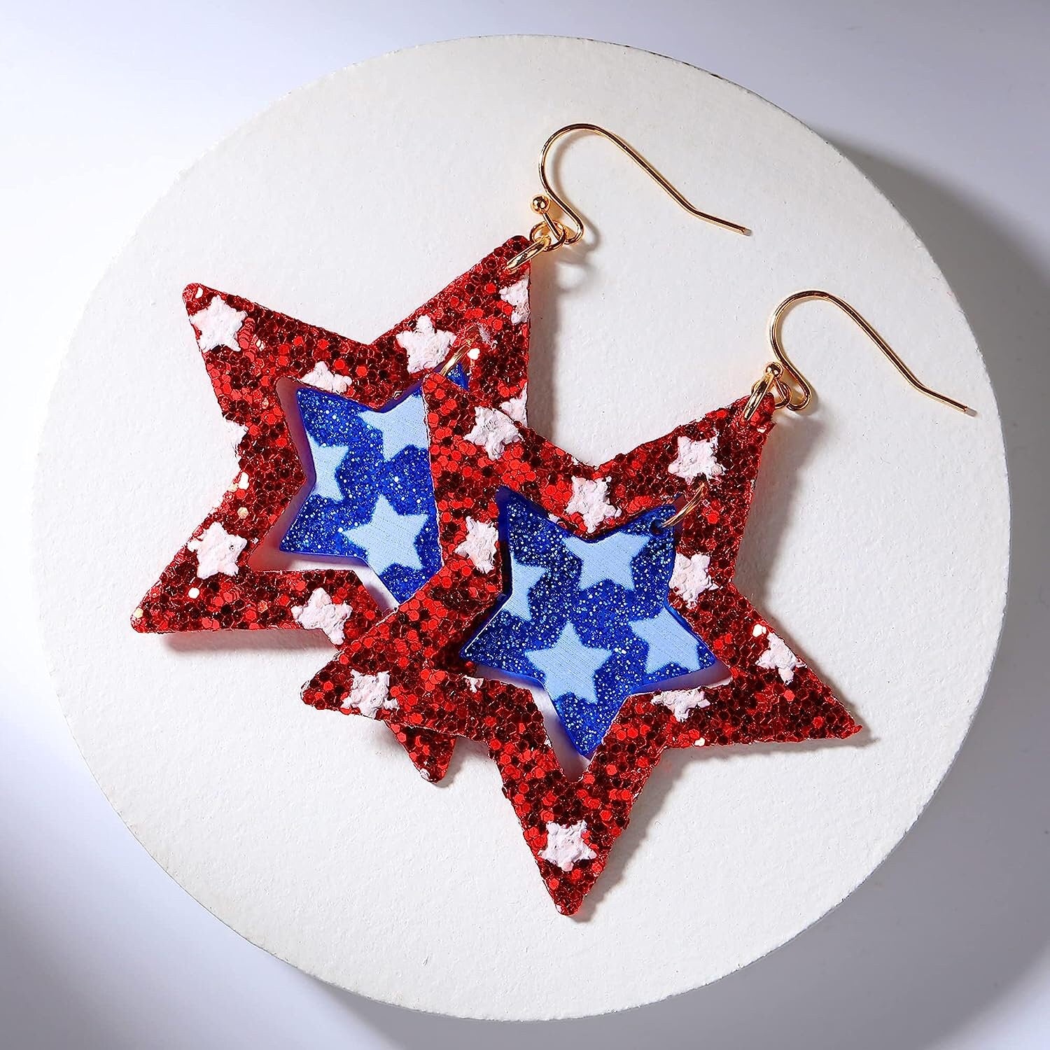USA Star Flag Glitter Earrings – Patriotic Red, White & Blue Sparkle