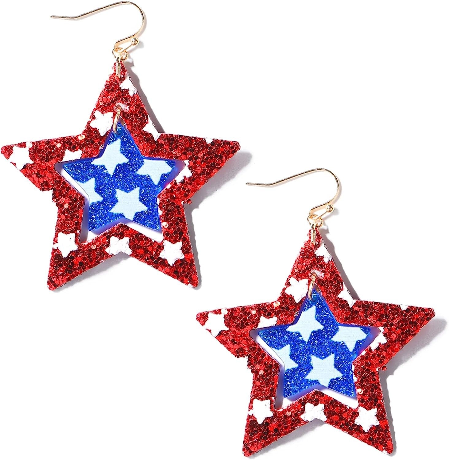 USA Star Flag Glitter Earrings – Patriotic Red, White & Blue Sparkle